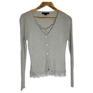 Y2K Noir Cottagecore Women August Silk Petite Silver Ribbed Silk Sweater Lace L